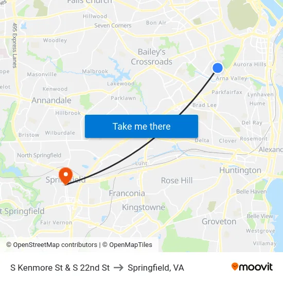 S Kenmore St & S 22nd St to Springfield, VA map