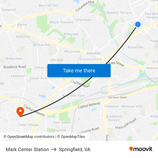 Mark Center Station to Springfield, VA map