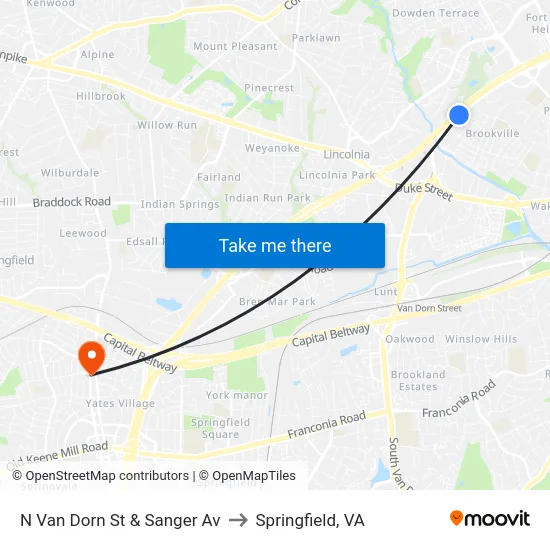 N Van Dorn St &    Sanger Av to Springfield, VA map