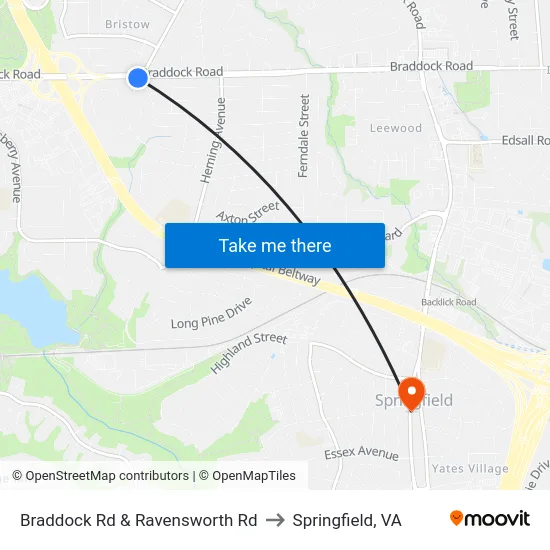 Braddock Rd & Ravensworth Rd to Springfield, VA map