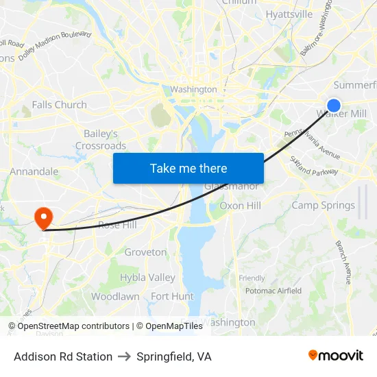 Addison Rd Station to Springfield, VA map