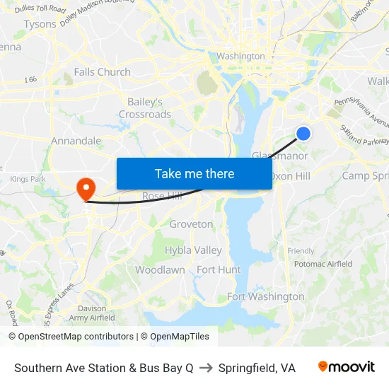 Southern Ave Station & Bus Bay Q to Springfield, VA map