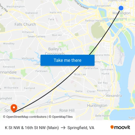 K St NW & 16th St NW (Main) to Springfield, VA map