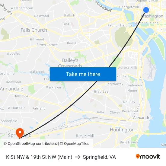 K St NW & 19th St NW (Main) to Springfield, VA map
