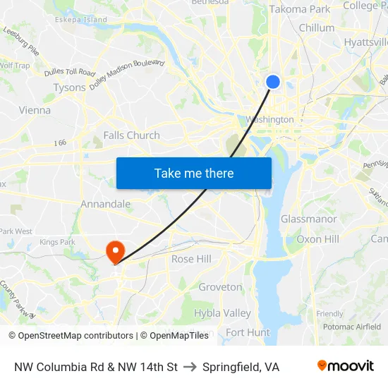 NW Columbia Rd & NW 14th St to Springfield, VA map