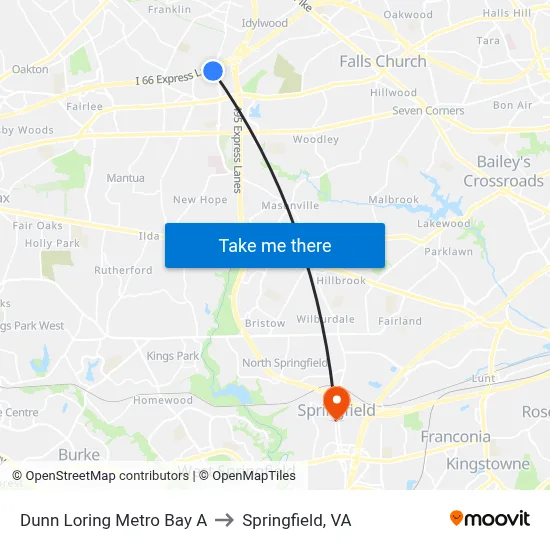 Dunn Loring Metro Bay A to Springfield, VA map