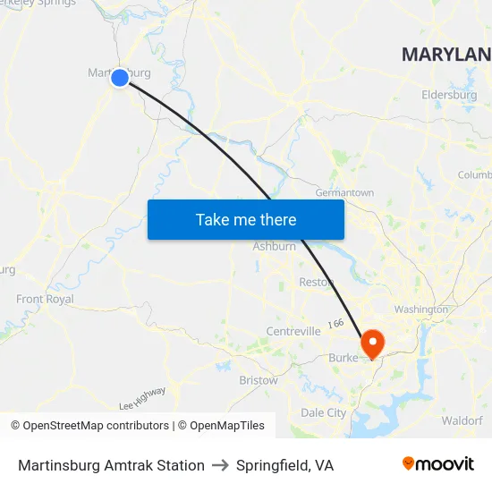 Martinsburg Amtrak Station to Springfield, VA map