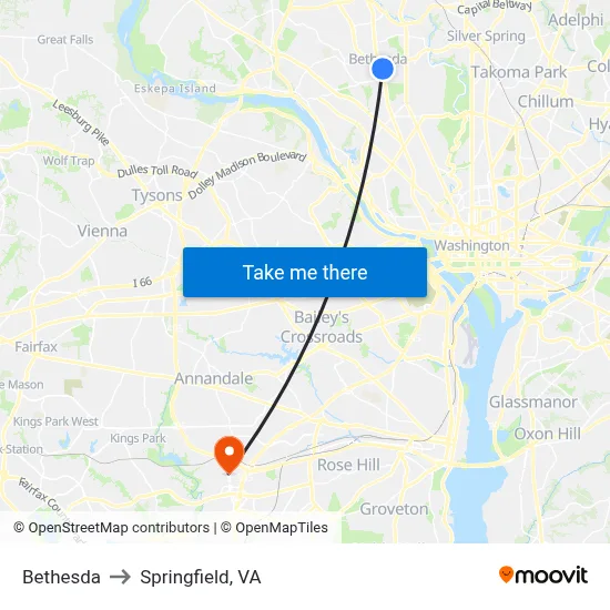 Bethesda to Springfield, VA map