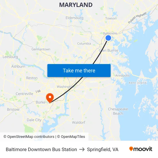 Baltimore Downtown Bus Station to Springfield, VA map