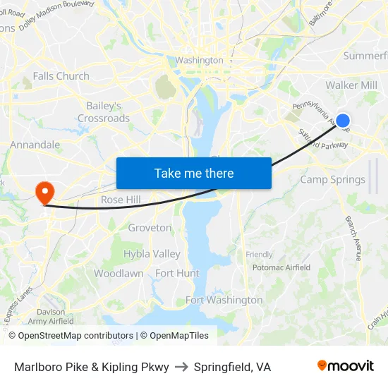 Marlboro Pike & Kipling Pkwy to Springfield, VA map