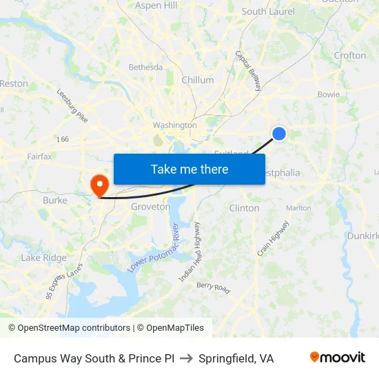 Campus Way South & Prince Pl to Springfield, VA map