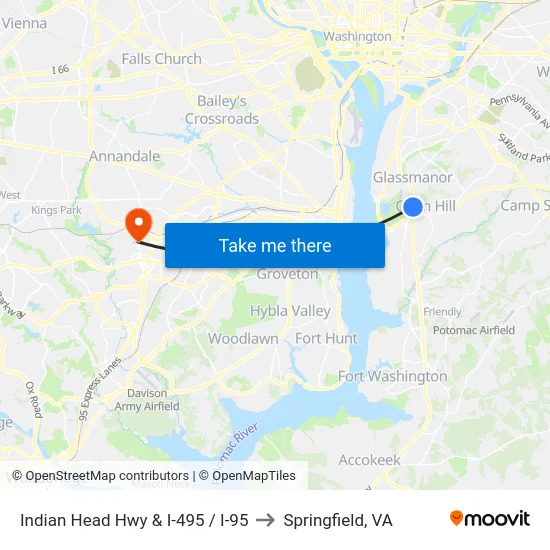 Indian Head Hwy & I-495 / I-95 to Springfield, VA map