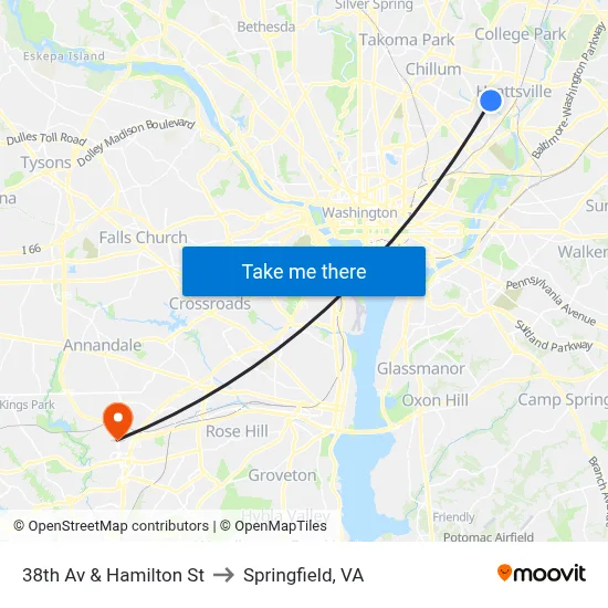 38th Av & Hamilton St to Springfield, VA map