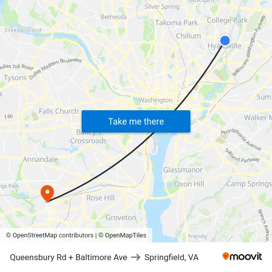 Queensbury Rd + Baltimore Ave to Springfield, VA map
