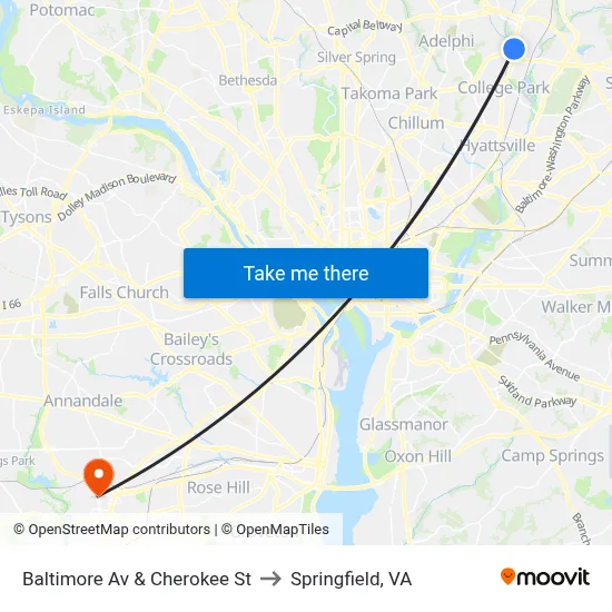 Baltimore Av & Cherokee St to Springfield, VA map