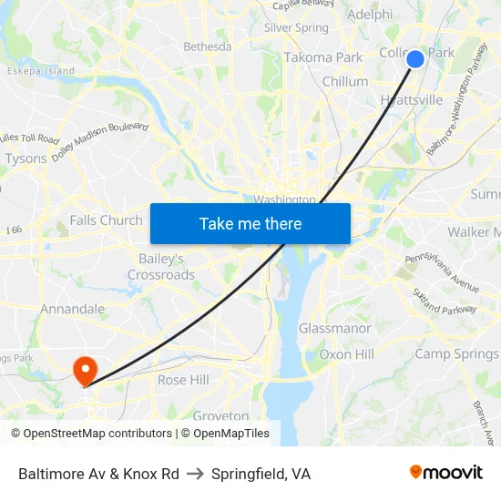 Baltimore Av & Knox Rd to Springfield, VA map