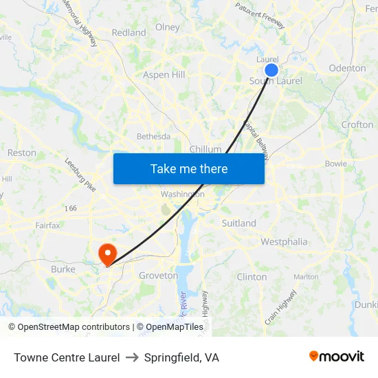 Towne Centre Laurel to Springfield, VA map