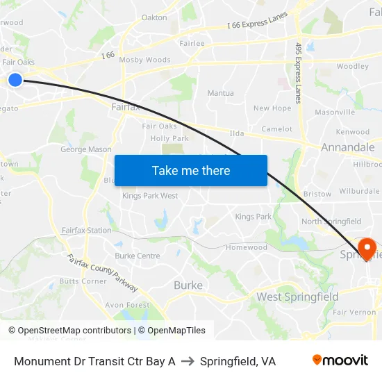 Monument Dr Transit Ctr Bay A to Springfield, VA map