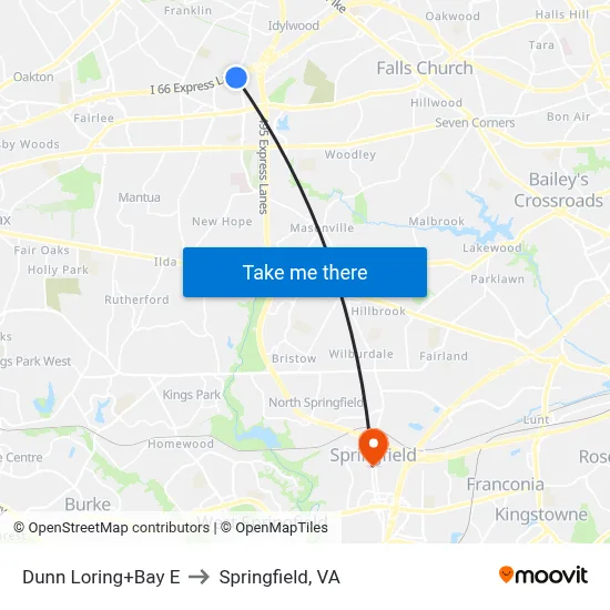 Dunn Loring+Bay E to Springfield, VA map
