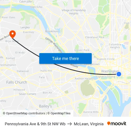Pennsylvania Ave & 9th St NW Wb to McLean, Virginia map