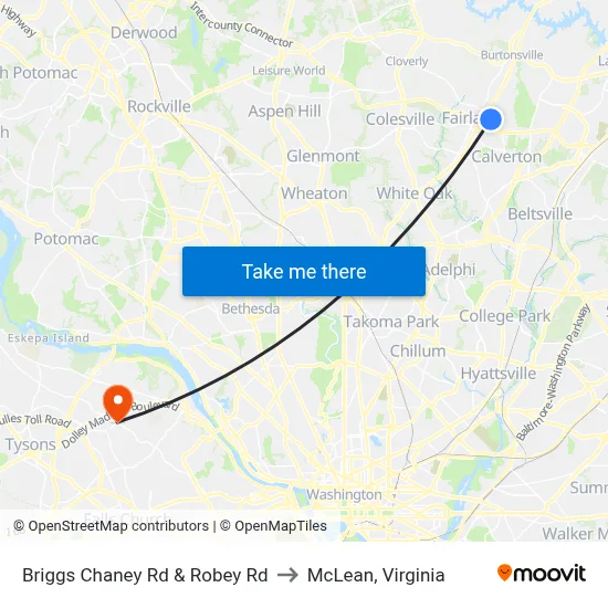 Briggs Chaney Rd & Robey Rd to McLean, Virginia map