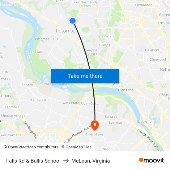Falls Rd & Bullis School to McLean, Virginia map