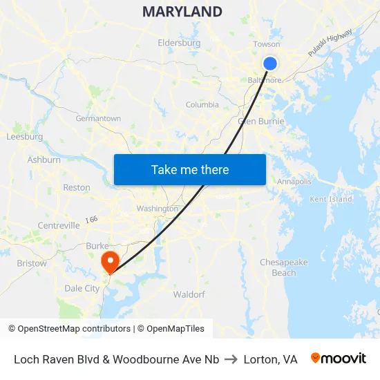 Loch Raven Blvd & Woodbourne Ave Nb to Lorton, VA map