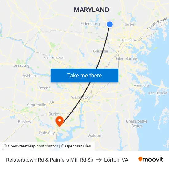 Reisterstown Rd & Painters Mill Rd Sb to Lorton, VA map