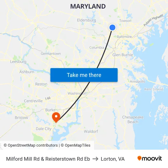 Milford Mill Rd & Reisterstown Rd Eb to Lorton, VA map