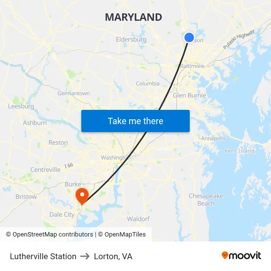 Lutherville Station to Lorton, VA map