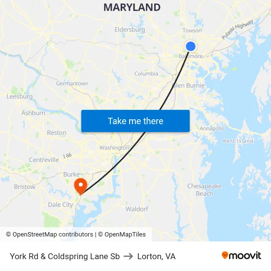 York Rd & Coldspring Lane Sb to Lorton, VA map