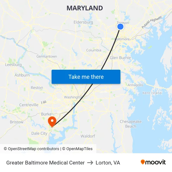 Greater Baltimore Medical Center to Lorton, VA map