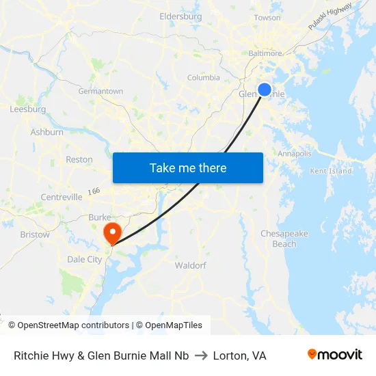Ritchie Hwy & Glen Burnie Mall Nb to Lorton, VA map