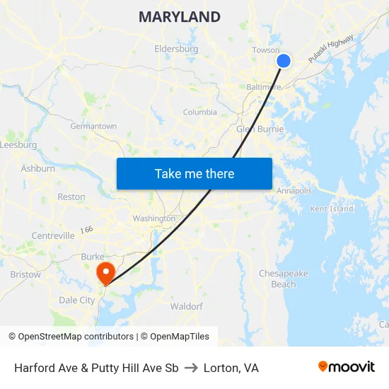 Harford Ave & Putty Hill Ave Sb to Lorton, VA map