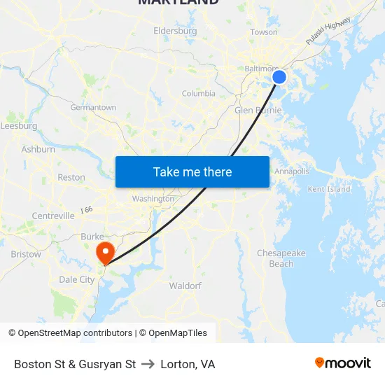 Boston St & Gusryan St to Lorton, VA map
