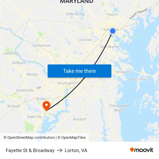 Fayette St & Broadway to Lorton, VA map