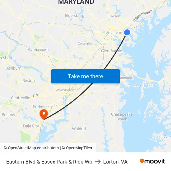 Eastern Blvd & Essex Park & Ride Wb to Lorton, VA map