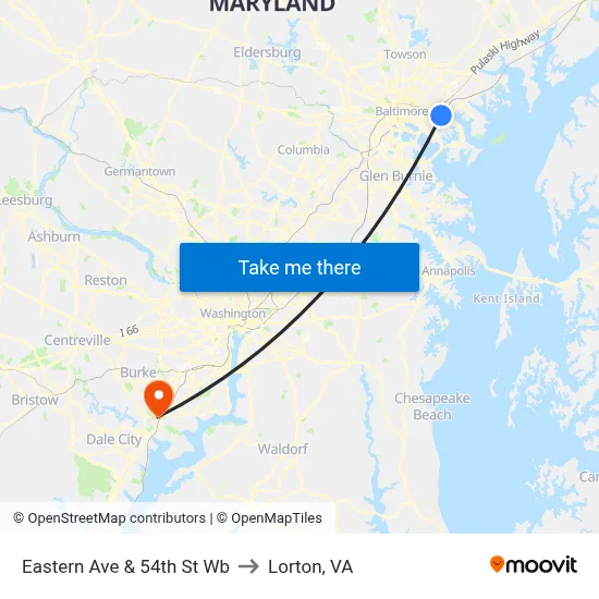Eastern Ave & 54th St Wb to Lorton, VA map
