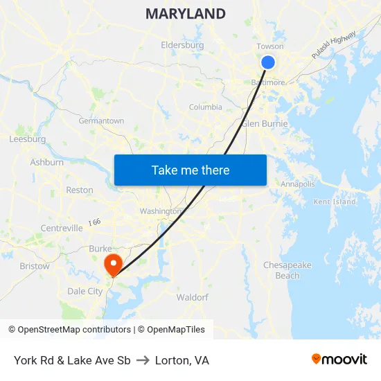 York Rd & Lake Ave Sb to Lorton, VA map