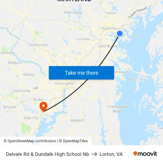 Delvale Rd & Dundalk High School Nb to Lorton, VA map