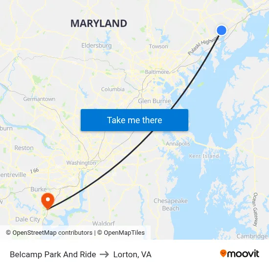 Belcamp Park And Ride to Lorton, VA map