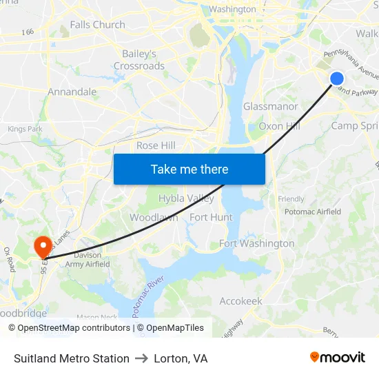 Suitland Metro Station to Lorton, VA map
