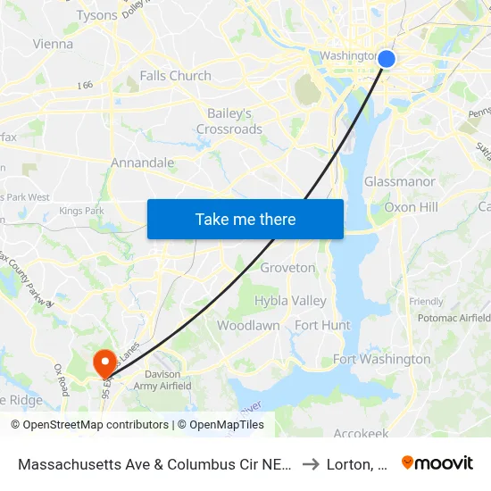 Massachusetts Ave & Columbus Cir NE Eb to Lorton, VA map