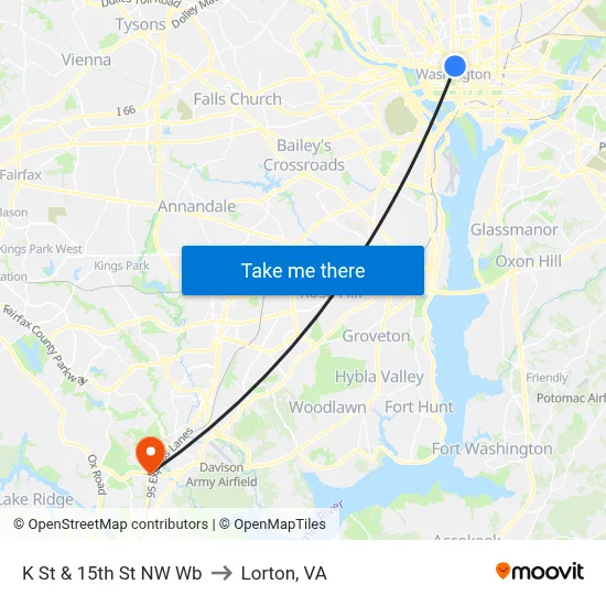 K St & 15th St NW Wb to Lorton, VA map