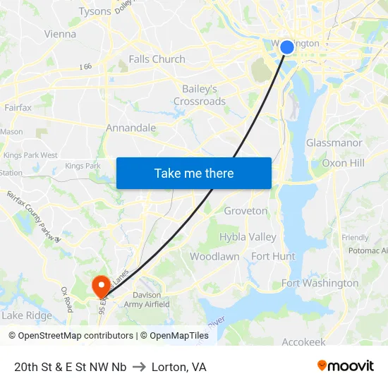 20th St & E St NW Nb to Lorton, VA map