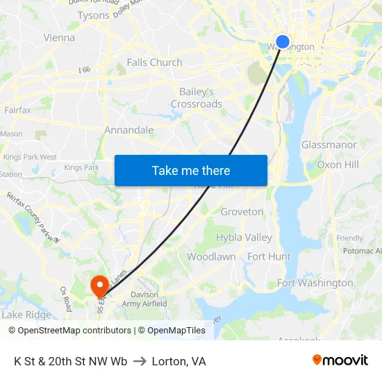 K St & 20th St NW Wb to Lorton, VA map