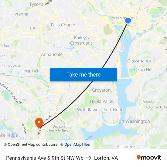 Pennsylvania Ave & 9th St NW Wb to Lorton, VA map