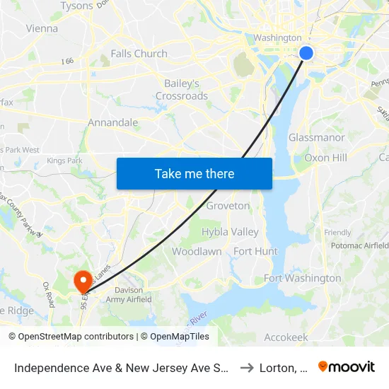 Independence Ave & New Jersey Ave SE Eb to Lorton, VA map