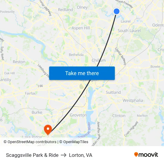 Scaggsville Park & Ride to Lorton, VA map