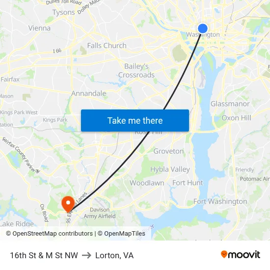 16th St & M St NW to Lorton, VA map